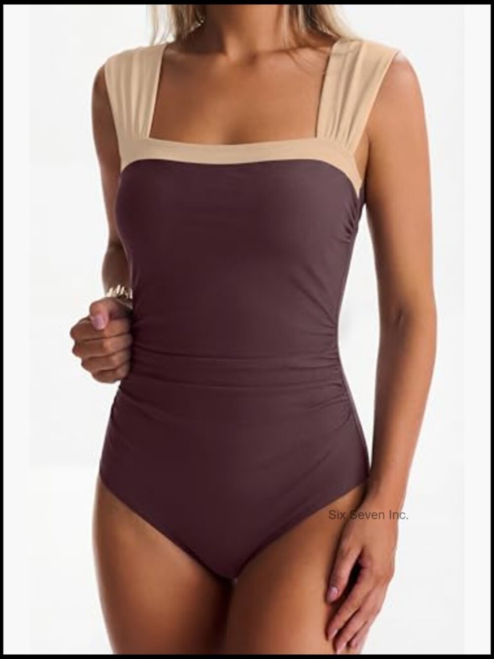One Piece Swimsuit Tummy Control Full Coverage Wide Straps Color Block High Rise - Picture 2 of 5
